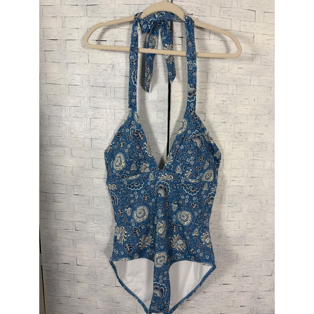 Boden Womens Swimsuit One Piece Blue Floral Paisley Halter Vacation Costal S0246